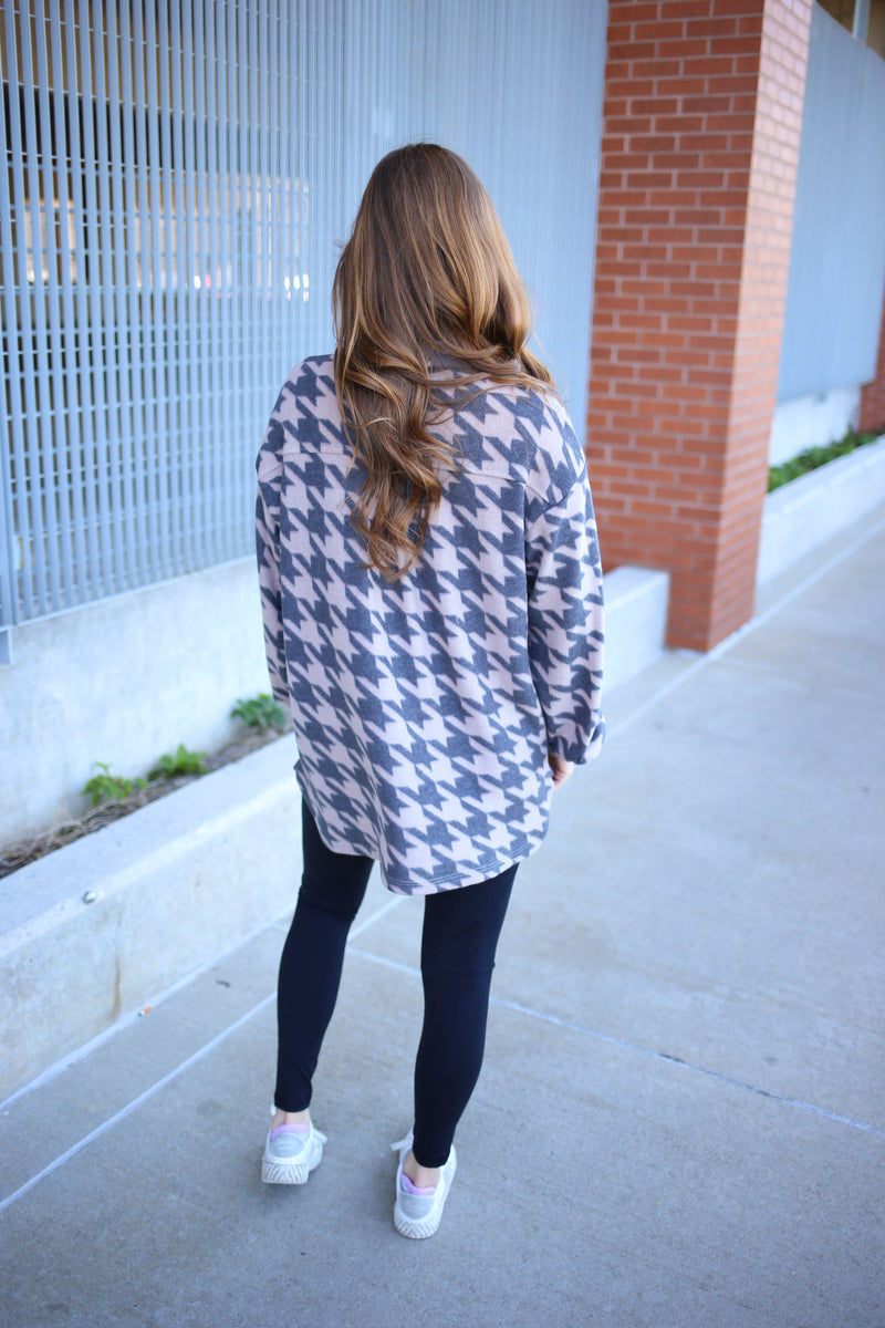 Taupe and Charcoal Houndstooth Soft Shacket | Boutique Elise | Amy Gilli