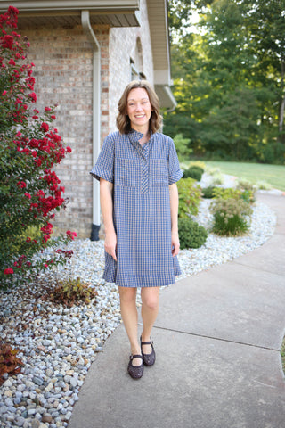 Navy Blue Plaid Short Sleeve Dress | Nelly Entro