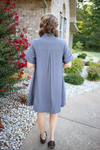 Navy Blue Plaid Short Sleeve Dress | Nelly Entro