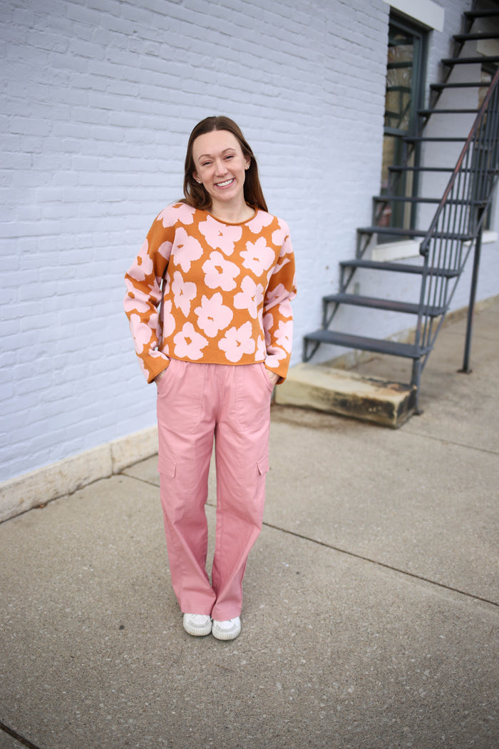 camel with pink floral print crop sweater