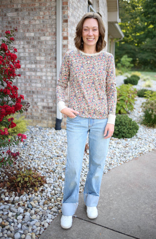 Oatmeal floral print crew neck long sleeve top, Staccato