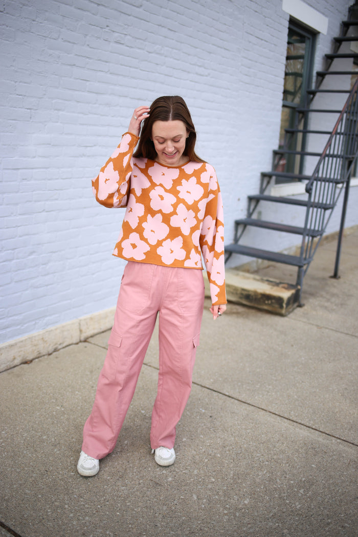 camel with pink floral print crop sweater