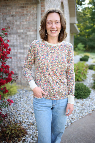 Oatmeal and Floral Print Long Sleeve Top | Lorna Staccato