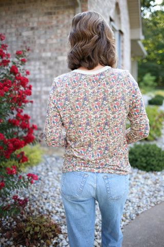 Oatmeal and Floral Print Long Sleeve Top | Lorna Staccato
