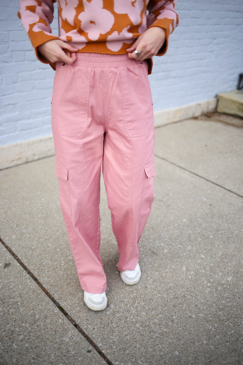 elastic waistband pink wide leg cargo pants