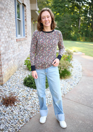 Black and Floral Print Long Sleeve Top | Lorna Staccato