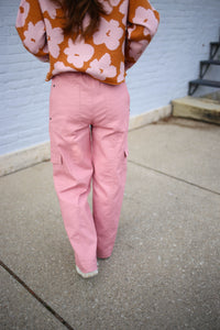 back detail of the pink wide leg cargo pants