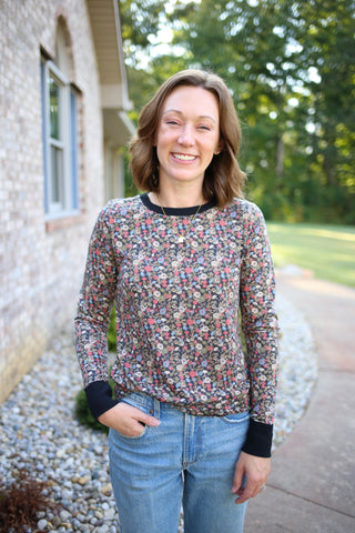 Black floral print crew neck long sleeve, Staccato