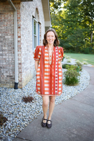 Orange, red, and tan modern print dress with pockets, Entro