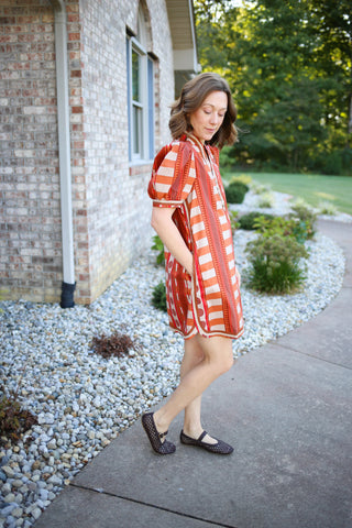 Orange Red and Tan Modern Print Dress | Millie Entro