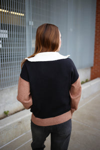 back of the black brown and ivory colorblock sweater blue pepper