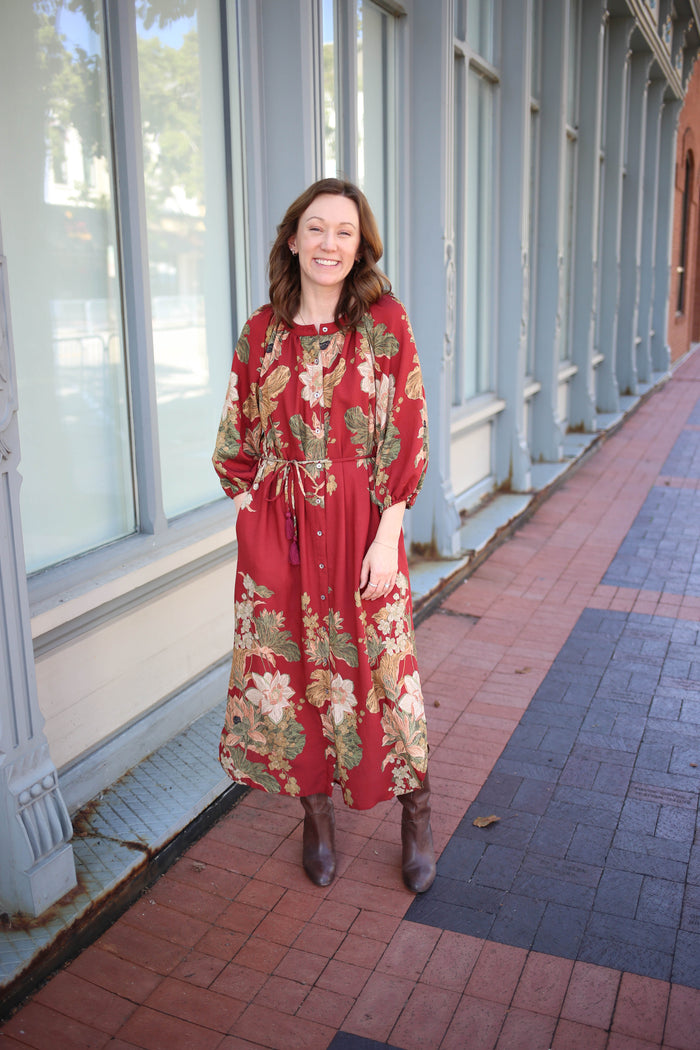 Red Fall Floral Print Dress | Marigold Entro