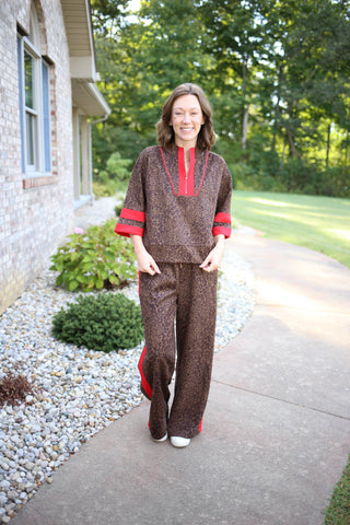 Leopard Print with Red Detail Top and Pant Set | Lenny Jodifl