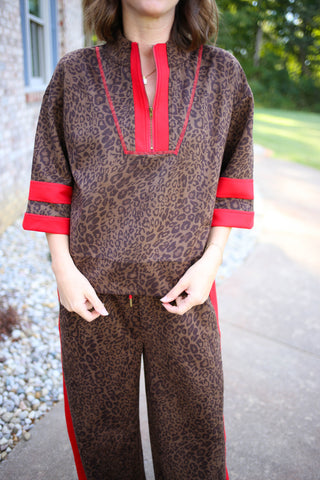 Leopard Print with Red Detail Top and Pant Set | Lenny Jodifl