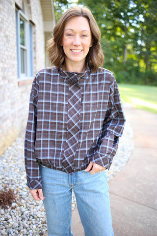 Brown and blue plaid funnel neckline jacket, Entro
