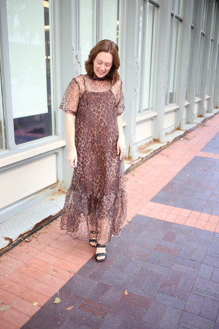 Sheer Brown and Black Leopard Print Midi Dress | Shella Entro