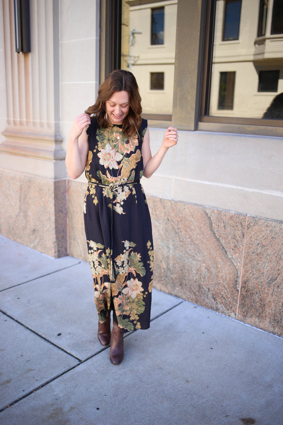black with cream, pale yellow, and green fall floral print maxi dress