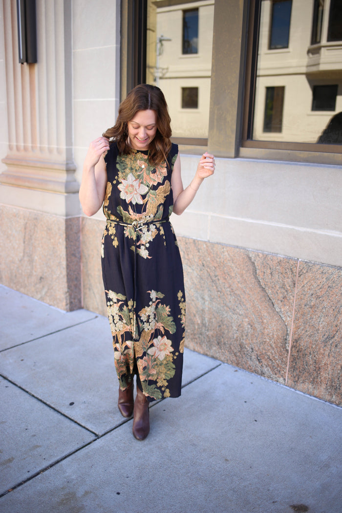 black with cream, pale yellow, and green fall floral print maxi dress