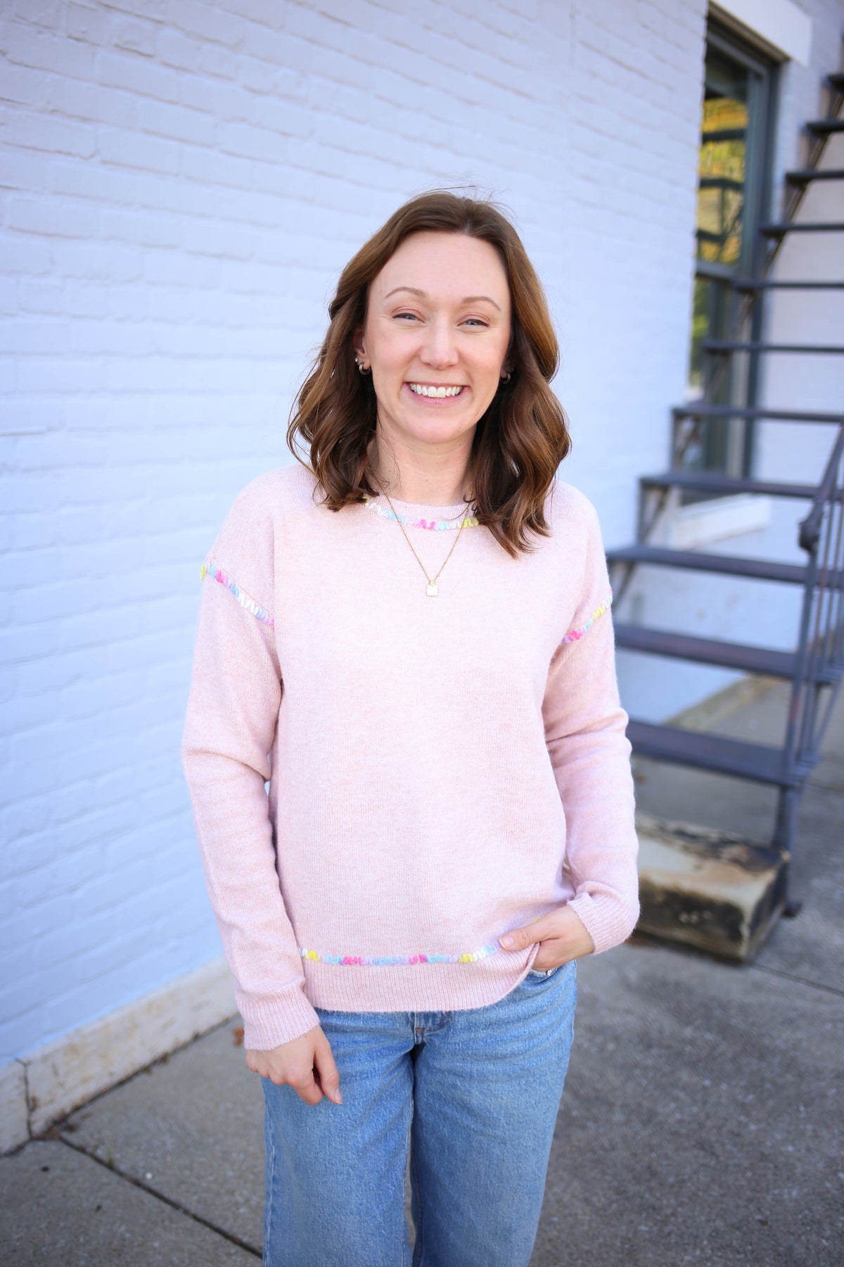 Blush Bright Stitch Detail Sweater | Stassi Staccato