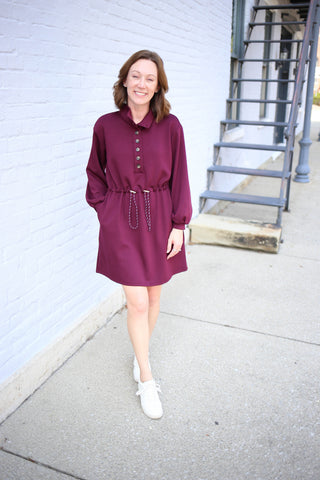 Burgundy Long Sleeve Athleisure Dress | Ashton Entro