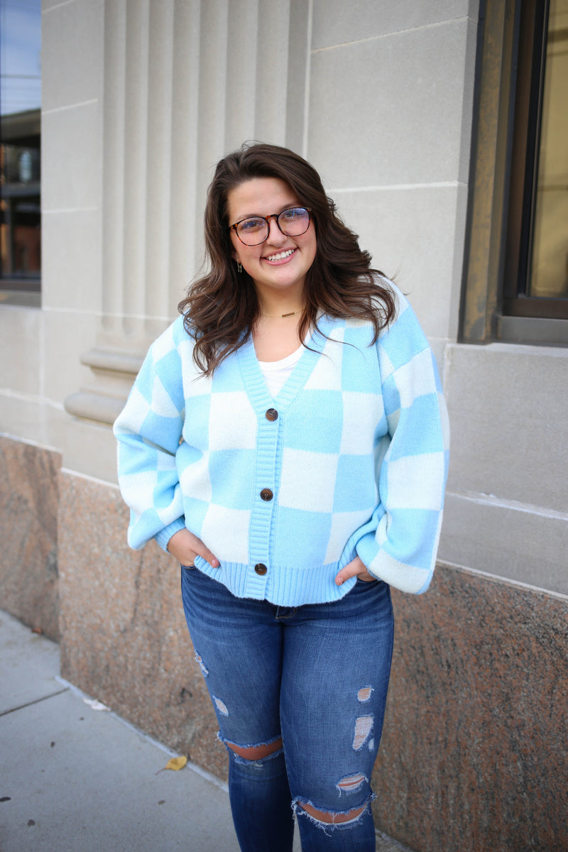 baby blue check cardigan double zero