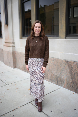 Brown Printed Mesh Midi Skirt | Mallory Hyfve