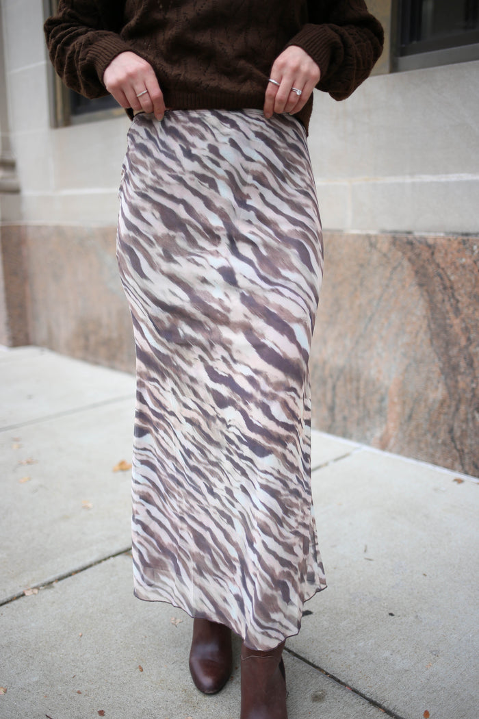 Brown Printed Mesh Midi Skirt | Mallory Hyfve