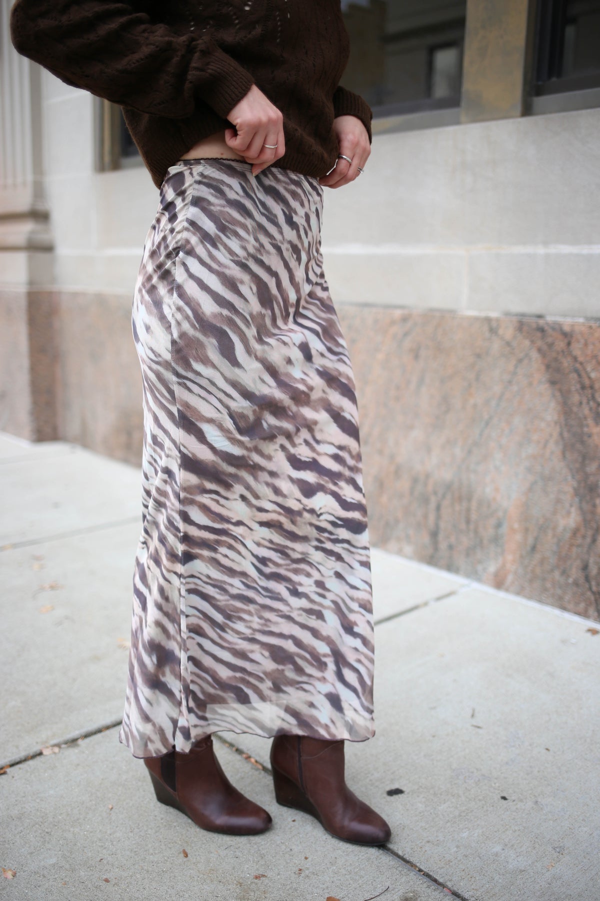 Brown Printed Mesh Midi Skirt | Mallory Hyfve