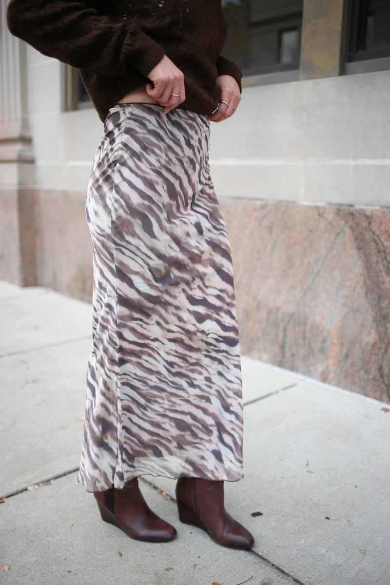 Brown Printed Mesh Midi Skirt | Mallory Hyfve