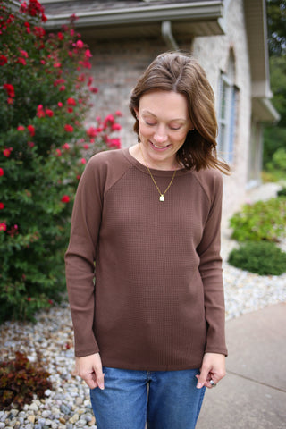 Brown Waffle Knit Long Sleeve Basic Top | Whitney Staccato