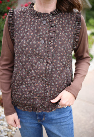 Brown and Floral Ruffle Hem Quilted Vest | Braden Staccato