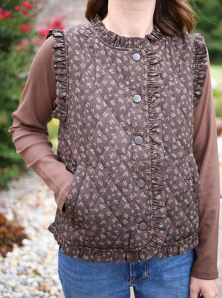Brown and floral print ruffle frill detail quilted vest, Staccato