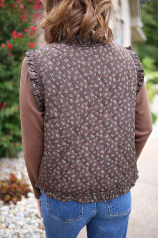 Brown and Floral Ruffle Hem Quilted Vest | Braden Staccato