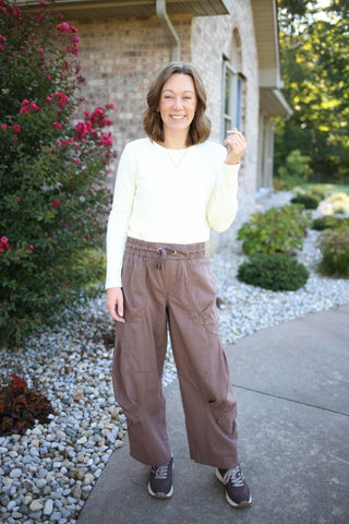 Womens mineral wash brown wide leg cropped cargo pant