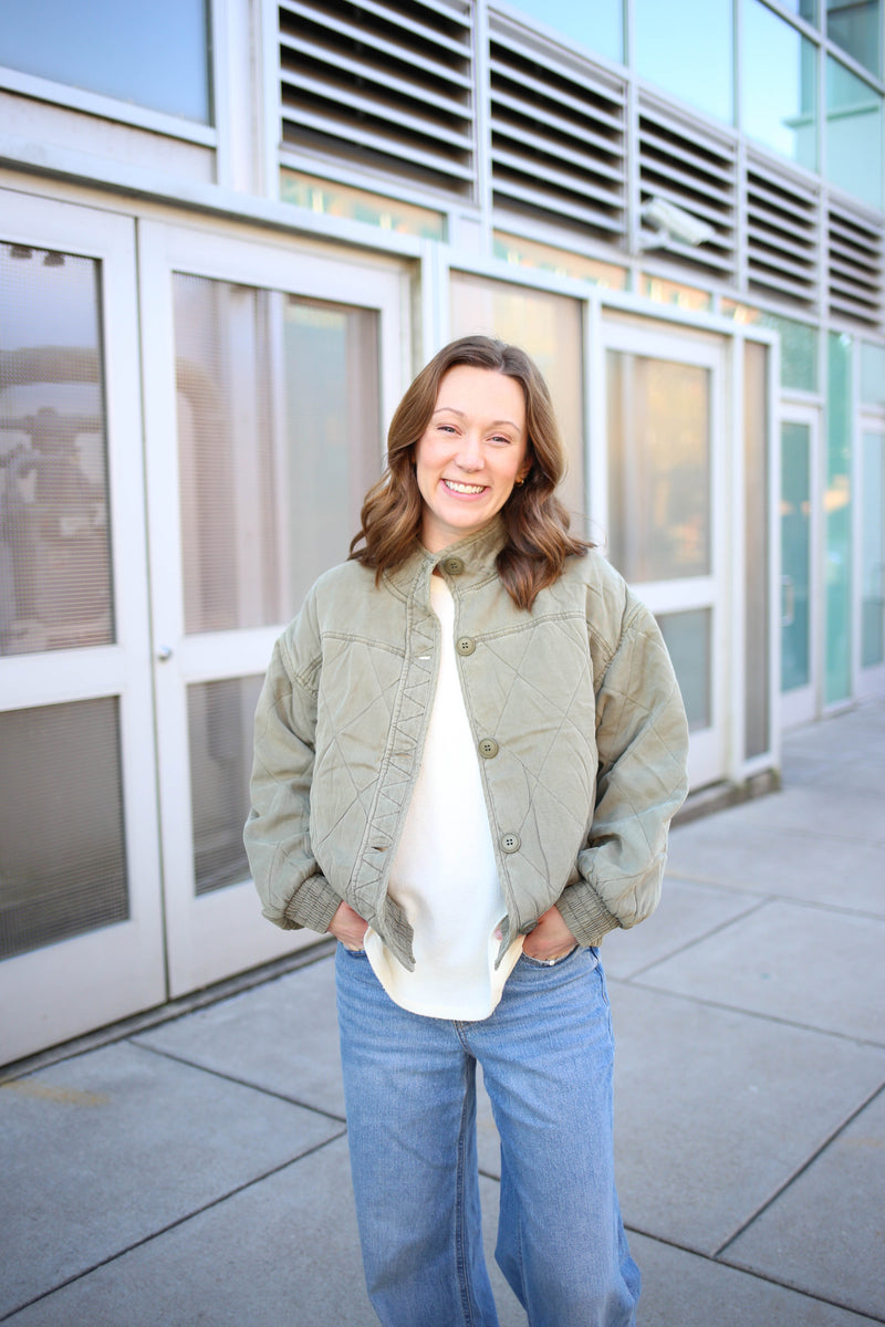 Olive Green Quilted Mineral Wash Jacket | Marley Blu Pepper