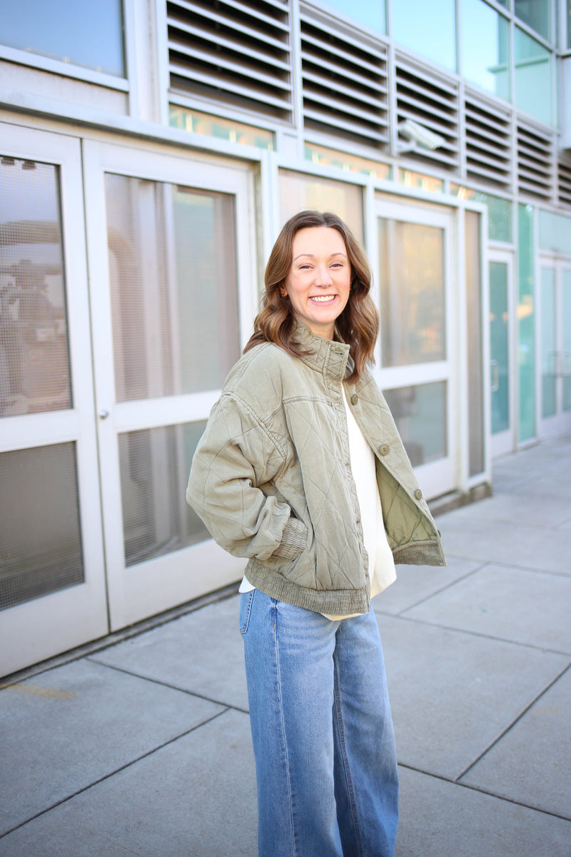 Olive Green Quilted Mineral Wash Jacket | Marley Blu Pepper