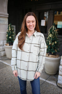 light green and olive plaid button-down top