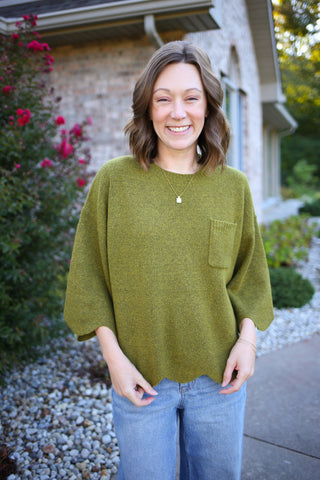 Olive green 3/4 sleeve sweater with scallop hem detail, Hem & Thread