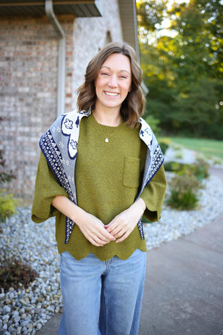 Navy Grey and Cream Print Scarf | Charlie Hem & Thread