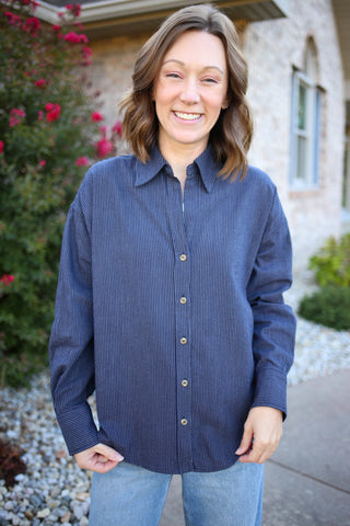 Pinstripe Navy Button-Down Boyfriend Shirt | Penny Hem & Thread