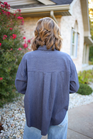 Pinstripe Navy Button-Down Boyfriend Shirt | Penny Hem & Thread