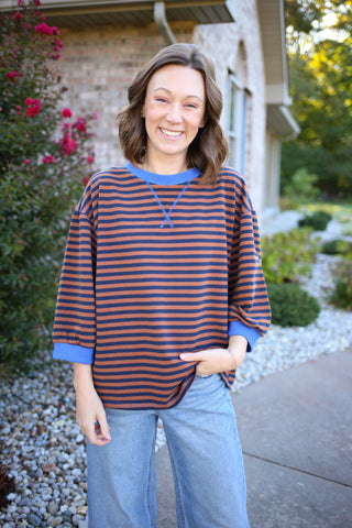 Brown Stripe with Navy Trim Short Sleeve Top | Josie Jodifl