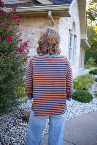 Brown Stripe with Navy Trim Short Sleeve Top | Josie Jodifl