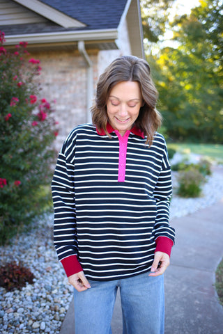 Black and white stripe long sleeve top with red collar and pink neckline detail, Jodifl