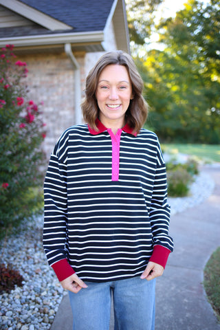 Black Stripe with Red and Pink Hem Detail Top | Andrea Jodifl