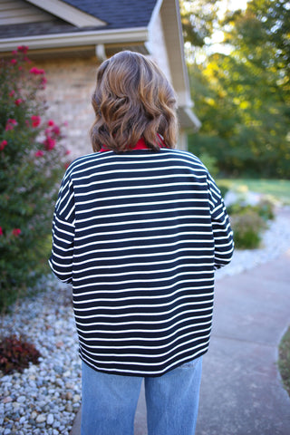 Black Stripe with Red and Pink Hem Detail Top | Andrea Jodifl