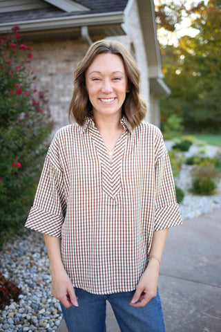 Brown Check Print V-Neck Blouse | Tonya Entro