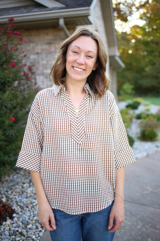 Brown Check Print V-Neck Blouse | Tonya Entro