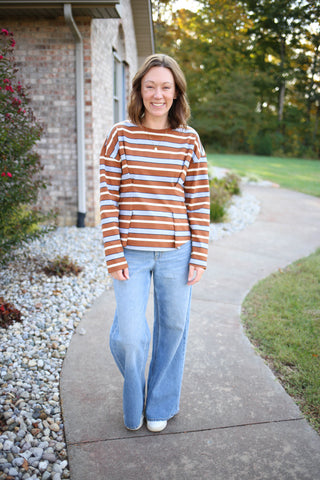 Camel and Grey Stripe Pinch Pleat Top | Tori Very J