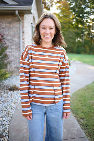 Camel brown, grey, and white stripe long sleeve top with pinch pleat waist detail, Very J